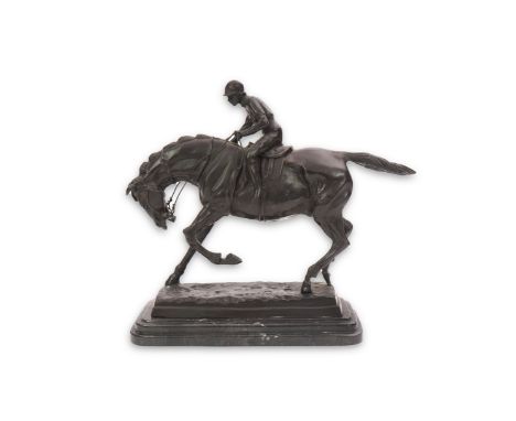 After Pierre-Jules Mene (1810-1879), a bronze mode of a racehorse with jockey up, signed in the bronze, on marble base, 39cm 