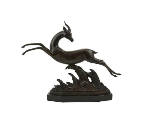 Lucien Charles Edouard Alliot (French, 1877-1967), an Art Deco bronze model of a running gazelle leaping over swaying grasses