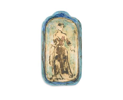 Quentin Bell (1910-1996), a Fulham pottery oblong portrait dish, 1980s, incised and part glazed with the full length portrait