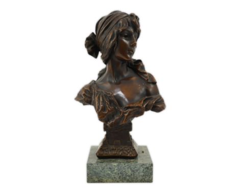 After Emmanuel Villanis (1858-1914), an early 20th century bronze bust, 'Cendrilion', depicting a young lady, on named castel