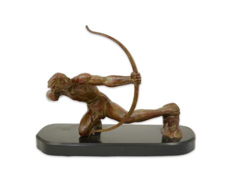 T. Riolo, a French Art Deco bronze model of a crouching archer, his foot braced against a rock, signed in the bronze, on blac