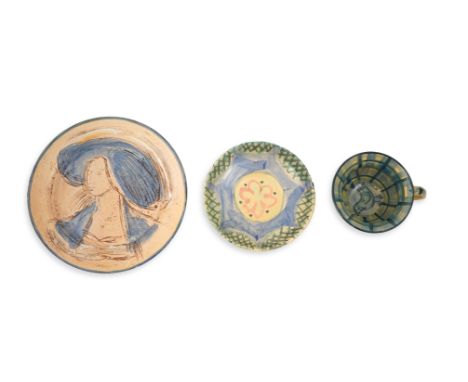 Quentin Bell (1910-1996), a Fulham pottery circular portrait dish, 1980s, incised and painted in blue with the portrait of a 