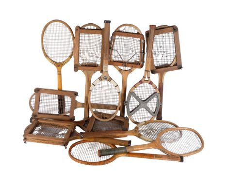 Various Vintage wooden tennis rackets and presses, including Dunlop, Slazenger etc. (12). 