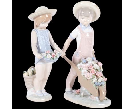 A Lladro porcelain sculpture "flowers on lap", figure ref. 1284, and Lladro "the little gardener" boy with wheelbarrow, model