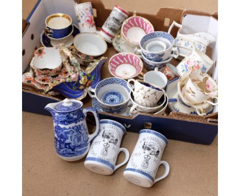 A quantity of antique and later ceramics, including Coalbrookdale John Rose flower encrusted basket, various cabinet cups and