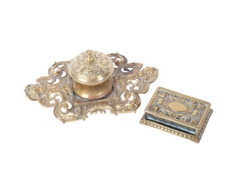 A cast brass desk inkwell and a cast and embossed brass vesta box (2). 