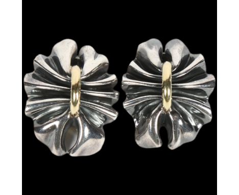 GEORG JENSEN - a heavy pair of Danish modernist sterling silver and silver-gilt fold clip-on earrings, designed by Lene Munth