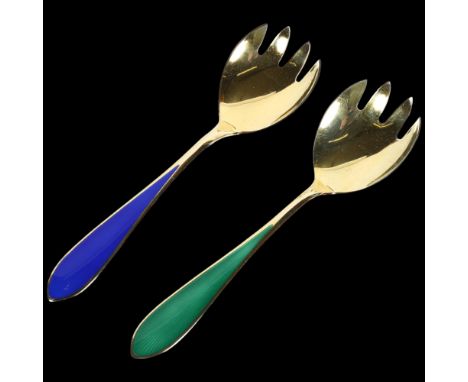 N M THUNE - a pair of Norwegian silver-gilt and enamel serving forks 