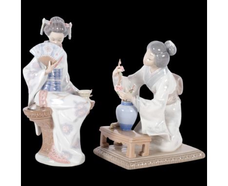 2 similar Lladro Geisha figurines, including a Geisha flower arranger, model ref. 4840, and a second Geisha figure, model ref