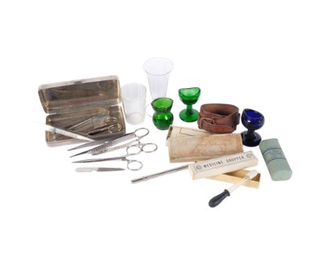 Various items including nickel box with medical instruments, Bristol green eye-baths, thermometer etc. 