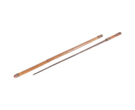 A bamboo and turned wood brass mounted sword-stick. L - 62cm, (tip missing).The sword does not fit the scabbard well, some at