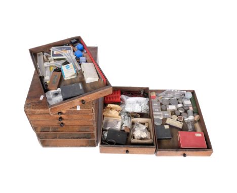 A Victorian mahogany 6-drawer table-top chest, containing various watchmaker's accessories and parts, tools, etc 