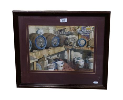 G W Lewis, watercolour, beer cellar with jugs and enamel buckets, framed, 47cm x 54cm