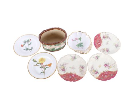 A Majolica cachepot with rubbed and leaf decoration, L21cm, 2 hand painted Spode side plates, "winged lotus" and another, a S
