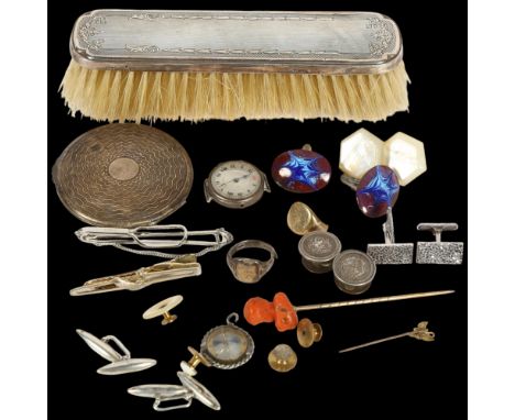 An engine turned silver compact, an silver  cased trench watch, a silver-backed clothes brush, cufflinks, jewellery etc 