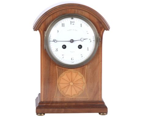 A French inlaid mahogany-cased mantel clock, circa 1900, enamel dial signed Harris & Son Paris, 8-day movement striking on a 