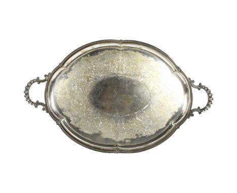 An oval silver plated on brass engraved 2-handled tea tray, width 74cm 