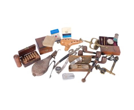 Various interesting items including a leather powder flask, Victorian walnut travelling pocket watch box, compass, leather cu