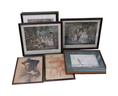 A pair of Victorian Morland coloured prints, a pair of Alken prints, all in Hogarth frames, a watercolour portrait of a young