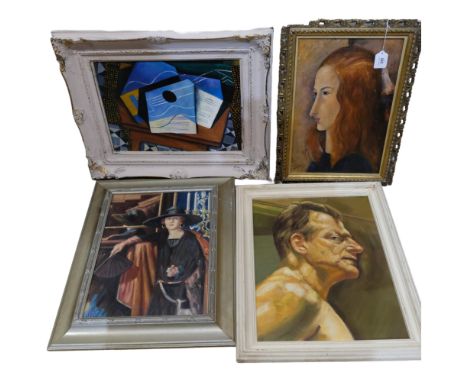 A group of 4 modern oils on board. 3 portrait studies and another, all framed. 