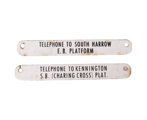 2 early 20th century white enamel railway signs "telephone to Kensington S.B. (Charring Cross) plat" and "telephone to South 
