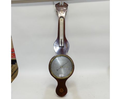 An Edwardian inlaid aneroid barometer, with shell and floral decoration, with thermometer, H97cm