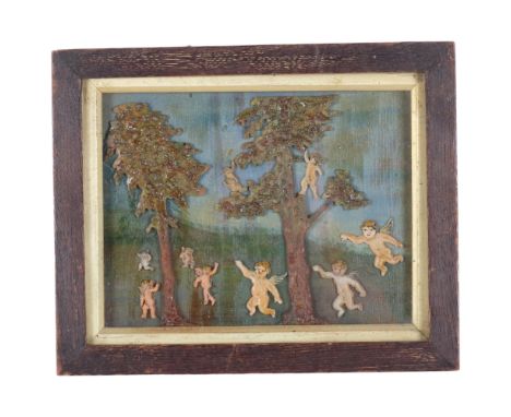 A carved and painted wood/wax relief picture, depicting trees and cherubs in glazed frame, 21cm x 25cmGood condition 