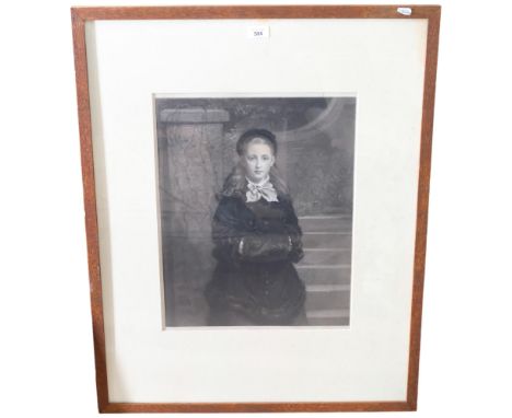 A 19th century monochrome engraving - portrait of a girl with a muff. 83x66cm, oak framed. Label verso to Thomas Agnew and So