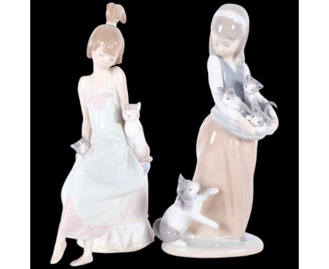 2 similar Lladro figures, "bedtime girl with cats", model ref. 5443, H24cm, and Lladro model "following her cats", model ref.