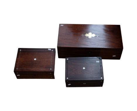 A Victorian mahogany writing slope, with fitted interior and inkwell, W50cm, and 2 x 19th century boxes, with mother-of-pearl