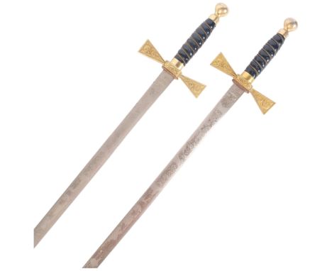 A pair of Elizabeth II commemorative swords, by Wilkinson Sword Co. With brass hilts and etched blades. L - 89cm. 
