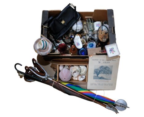 2 shooting sticks, umbrella, Poole Pottery, seashells, etc 