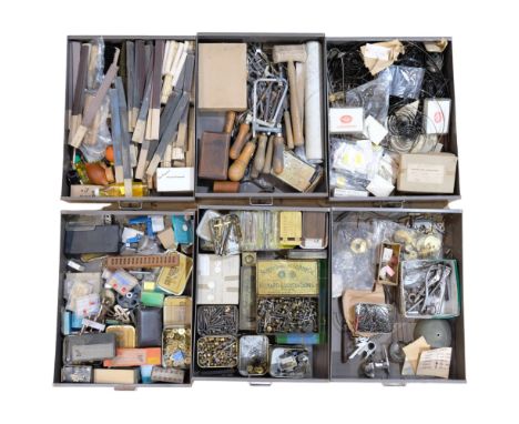 A Stor metal 6-drawer filing chest, complete with watchmaker/clock maker's parts and accessories, including sanding sticks, p