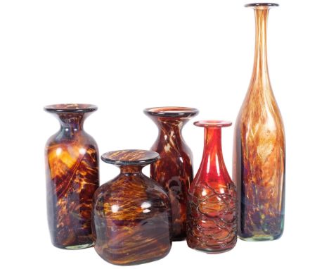 A tall Mdina glass bottle vase, 37.5cm, a Mdina carafe with tracery decoration, and 3 others 