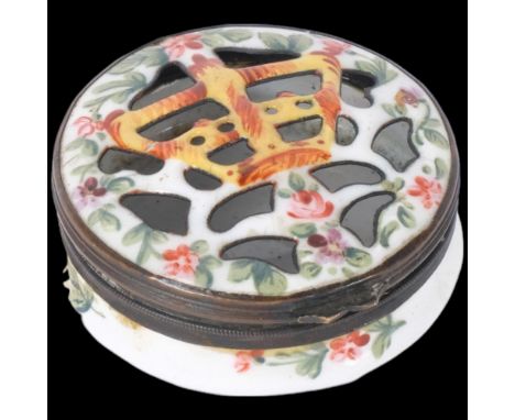 A small 19th century enamel pot pourri pot/vinaigrette, coronet design pierced domed lid with gilt-metal mount, diameter 4.5c