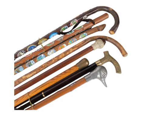 3 alpine stocks and 4 other walking canes, 1 with a pewter duck head, another with a compass finial etc. (7). 