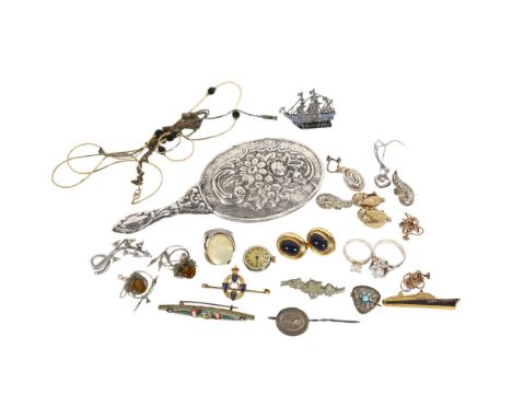 A group of various jewellery, including a micro-mosaic brooch, silver dress ring, a silver enamel and marcasite galleon brooc