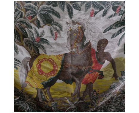 A large woolwork tapestry wall hanging with tab top, depicting a horse and rider in foliate surround, 280 x 265cm approxIn go