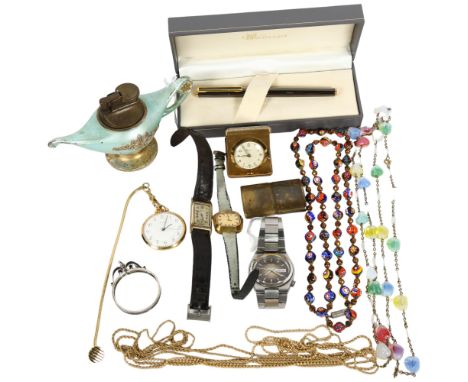 A group of various wristwatches and costume jewellery, including a painted glass bead necklace, a Corvette wristwatch, Aladdi