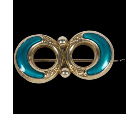 ALBERT SCHARNING - a Norwegian sterling silver-gilt teal enamel openwork brooch, 37mm, 5.7gNo damage or repair, only light su