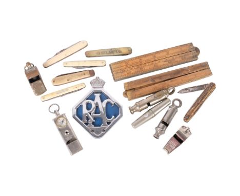2 vintage brass bound folding rules, pen knives, Acme scout combination whistle-compass, etc. 