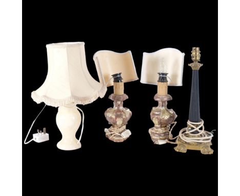 A pair of giltwood decorative table lamps, and a marble base table lamp with shade, and another, largest height 38cm (4) 