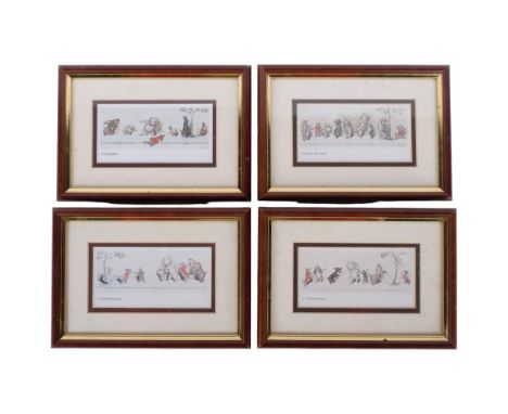 A group of 4 framed caricature prints, various whimsical dog scenes, 2 similar table-top glass display cabinets, 1 with glass