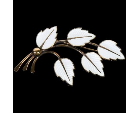 JEMAX - a Danish modernist sterling silver-gilt white enamel leaf brooch, 60.4mm, 8.9gNo damage or repair, only light surface