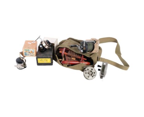 A group of vintage fishing reels and associated items, including 'Bijou' and 'the Gemina' fresh water reels, boxed sea king r