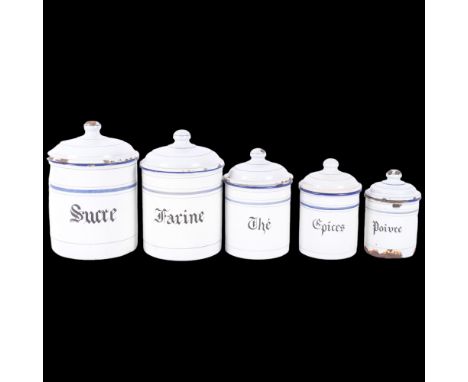A graduated set of 5 vintage French enamel kitchen storage jars and covers. H - 18cm. (5). 