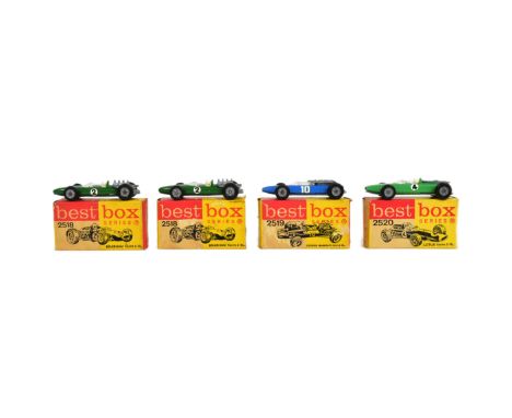 Diecast - x4 vintage Dutch made (Ifabex) Best Box diecast Formula One racing cars comprising 2518 Brabham 3L (x2), 2519 Coope