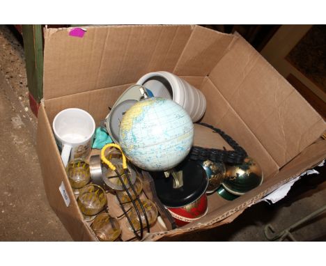 A box containing a desk globe; Nat West money boxes; Studio pottery vase etc. 