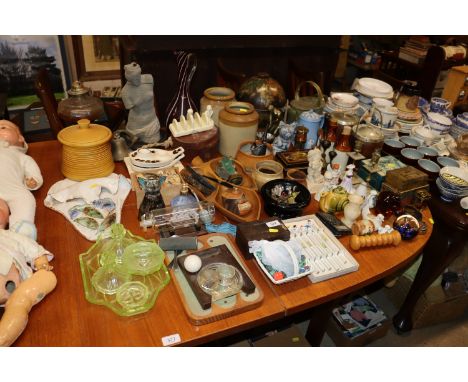 A large quantity of various metal, china and glassware to include candlesticks, oak biscuit barrels, Studio pottery pots, sal