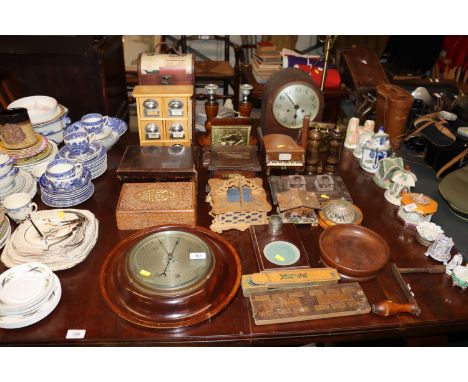 A quantity of various woodenware to include desk stand, mahogany cased barometer, cribbage board trinket boxes, candlesticks 